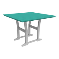 Teal square table with slatted top and white legs, perfect for outdoor settings or modern decor.