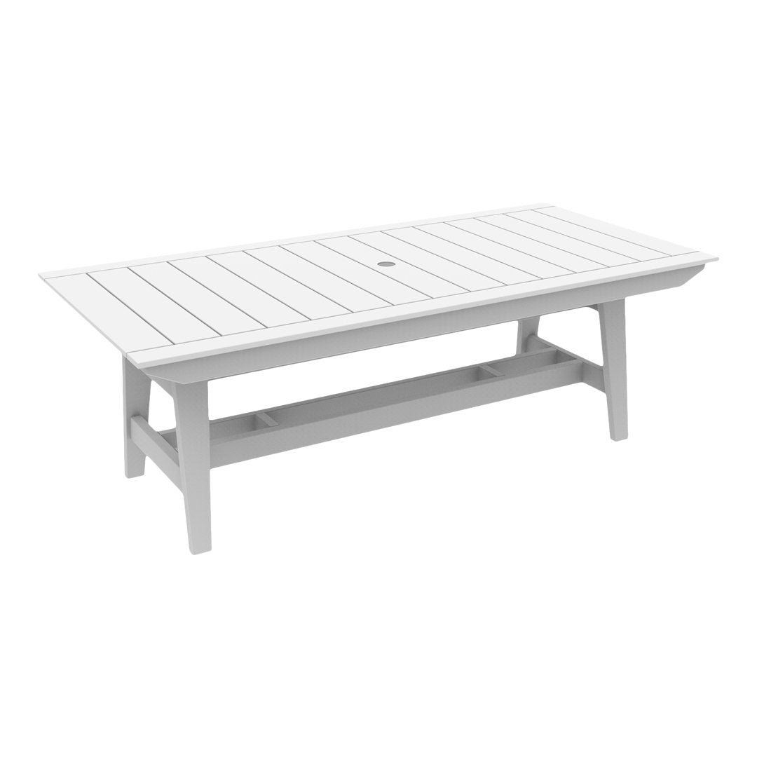 White rectangular outdoor table with slatted design, featuring a minimalist style and clean lines. Perfect for patio use.