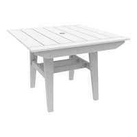 White outdoor square table with slatted top design, perfect for patio settings. Clean, modern look for any outdoor space.
