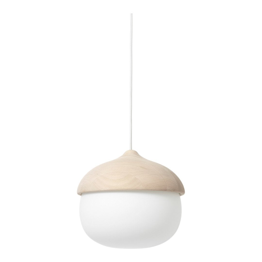 Minimalist pendant light featuring a white glass shade and a natural wood cap for a modern, sleek design.