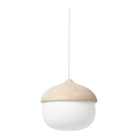 Minimalist pendant light featuring a white glass shade and a natural wood cap for a modern, sleek design.