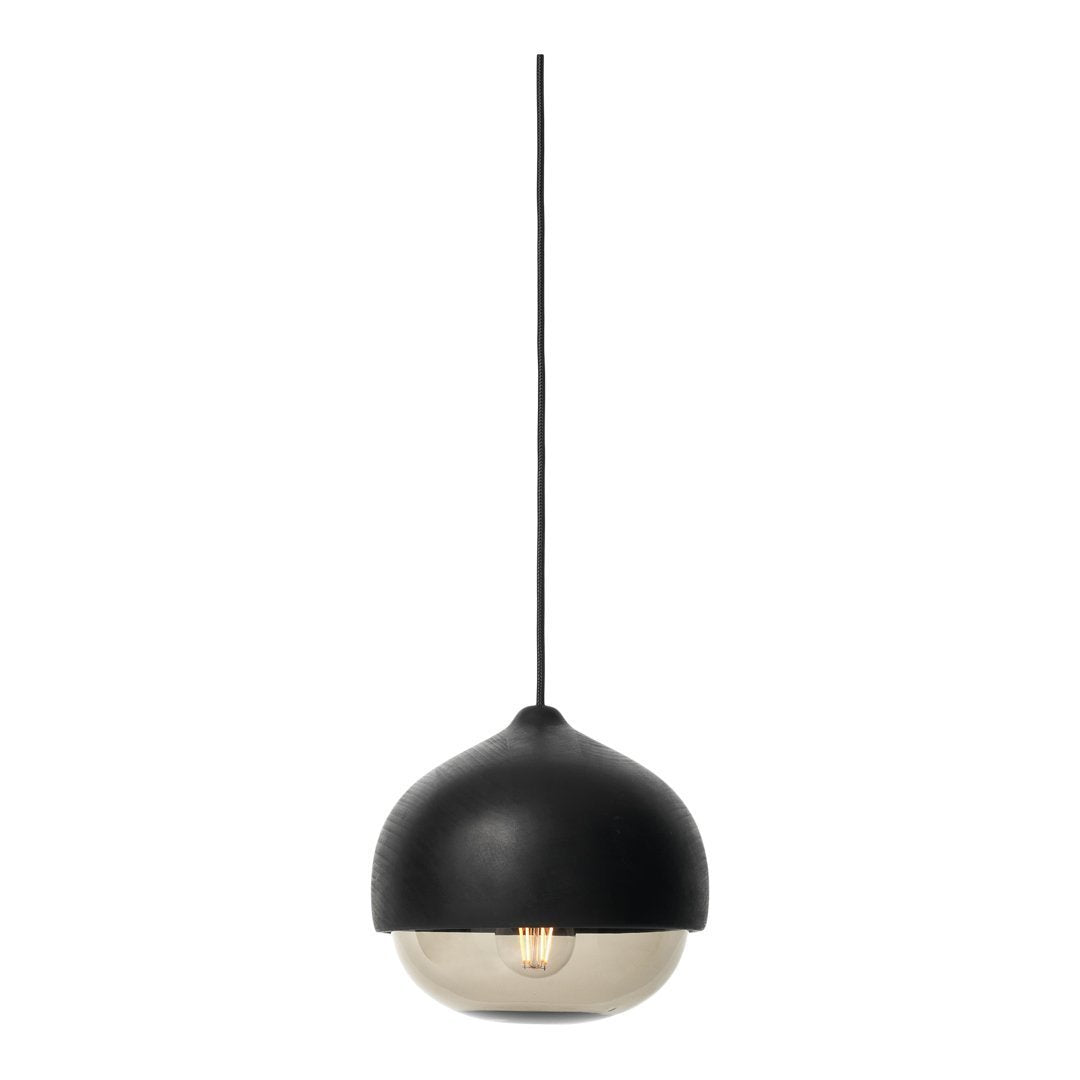 Black and clear glass pendant lamp with a modern, minimalist design, featuring a smooth, rounded shape.
