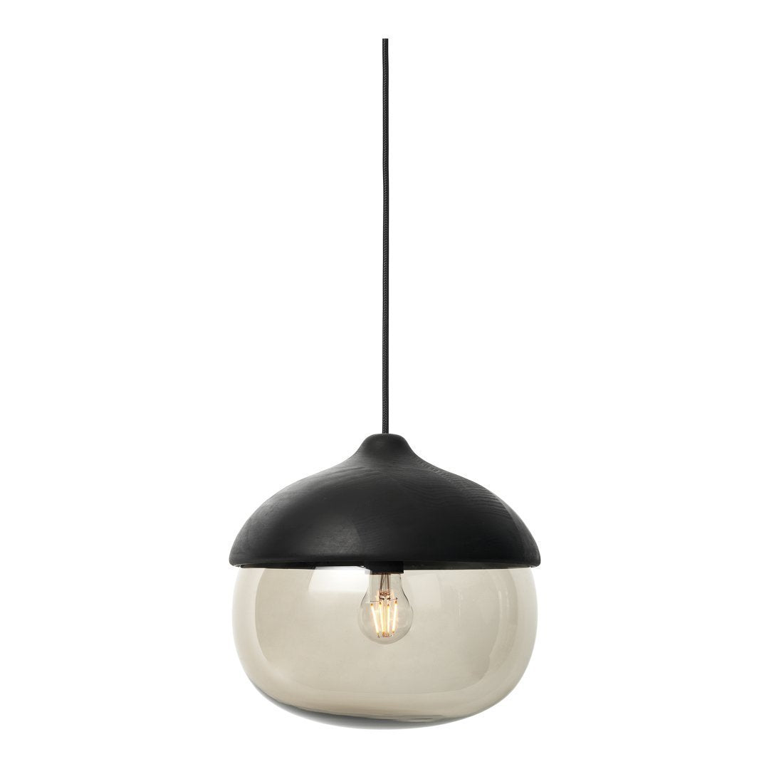 Black and clear glass pendant lamp with a smooth, modern design and a soft matte finish. Perfect for contemporary decor.