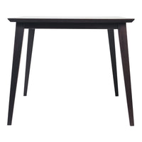 Dark wood table with a smooth surface and slender, tapered legs, featuring a minimalist design.