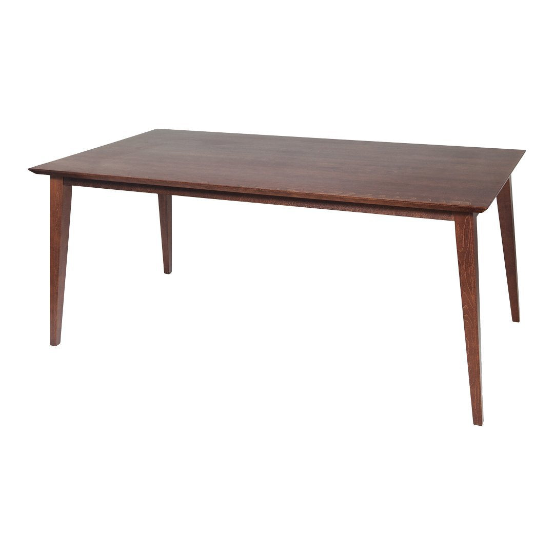 Brown rectangular wood table with tapered legs, featuring a smooth finish and classic minimalist design.