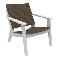 Brown woven pattern chair with white frame, perfect for outdoor or indoor use.