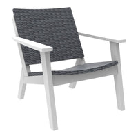 "Stylish gray woven pattern on seat and backrest, complemented by a sleek white wooden frame."