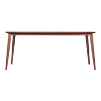 "Elegant walnut dining table with a smooth, rich brown finish and tapered legs, showcasing a minimalist design."