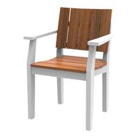 "Wooden chair with a warm brown slatted seat and back, paired with sleek white legs and armrests."