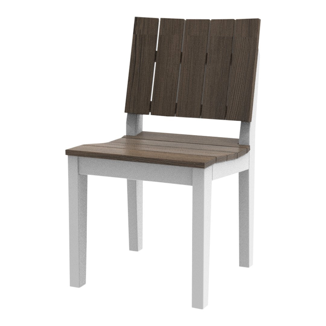 Brown slatted wood seat and backrest with a contrasting white frame. Modern design ideal for outdoor settings.