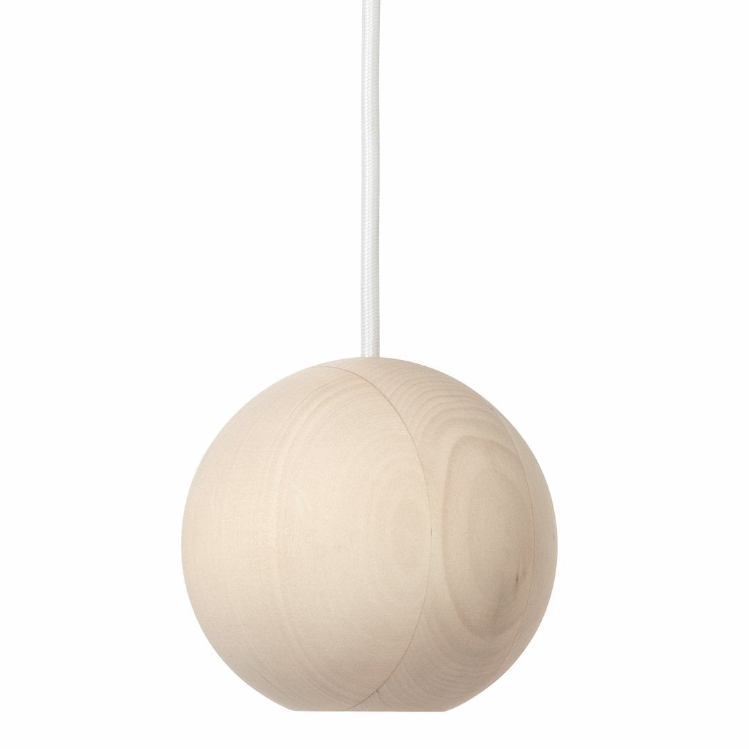Round wooden pendant light in natural beige with a smooth finish and subtle grain pattern.