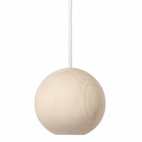 Round wooden pendant light in natural beige with a smooth finish and subtle grain pattern.
