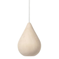 Natural wood hanging light fixture in a sleek teardrop shape, featuring a smooth, pale finish.