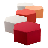 Four hexagonal ottomans in white, red, orange, and coral, featuring solid colors and sleek designs.