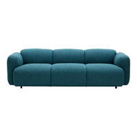 Teal upholstered sofa with modern design, featuring smooth lines and a plush, textured finish.