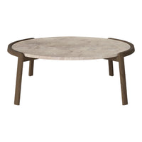 Round coffee table with a light beige marble top and dark brown wooden legs, featuring a sleek, minimal design.