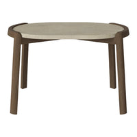 Natural wood legs with a light beige, smooth tabletop; modern, minimalist design with rounded edges.