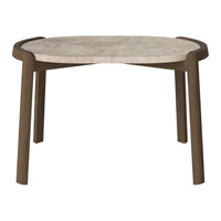 Round table with a light beige marble top and dark wood legs, featuring smooth curves and a modern design.