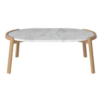 Round coffee table with a sleek white marble top and natural wood legs, featuring a minimalist design.