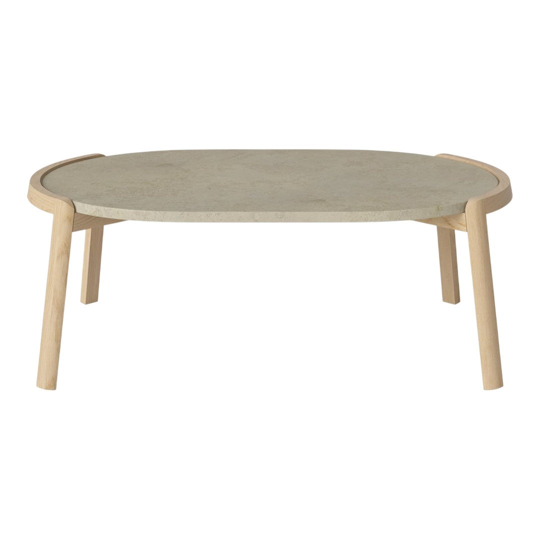 Light gray oval tabletop with natural wood legs and curved edges, minimalistic design for modern decor.