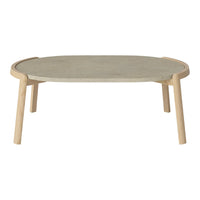 Light gray oval tabletop with natural wood legs and curved edges, minimalistic design for modern decor.