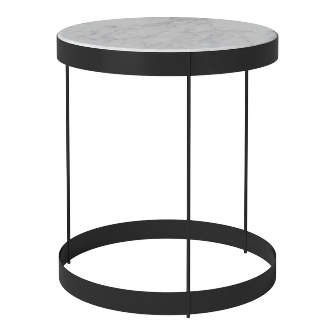 Round marble top side table with a sleek black metal base and minimalist design. Perfect for modern decor.