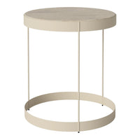 Beige round table with smooth top and minimal metal legs in a modern, simple design. Perfect for any decor.