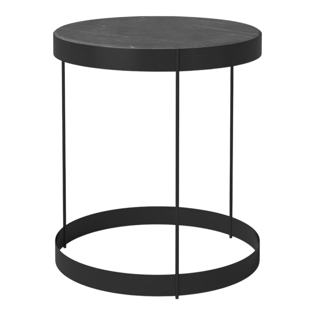 Black round side table with a smooth surface and sleek minimalistic design, supported by a circular metal base.
