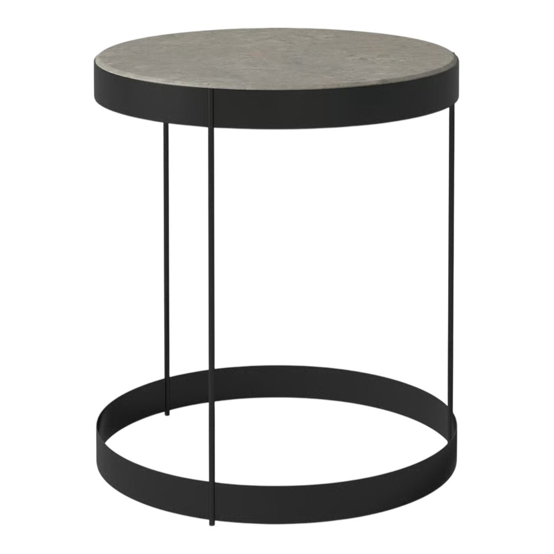 Round side table with a black metal base and gray concrete top, featuring a modern minimalist design.