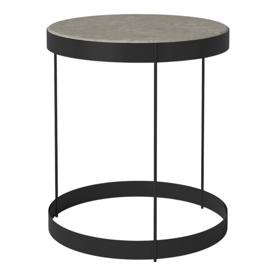 Round accent table featuring a grey top and sleek black metal legs. Modern design with a minimalist aesthetic.