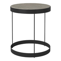 Round accent table featuring a grey top and sleek black metal legs. Modern design with a minimalist aesthetic.