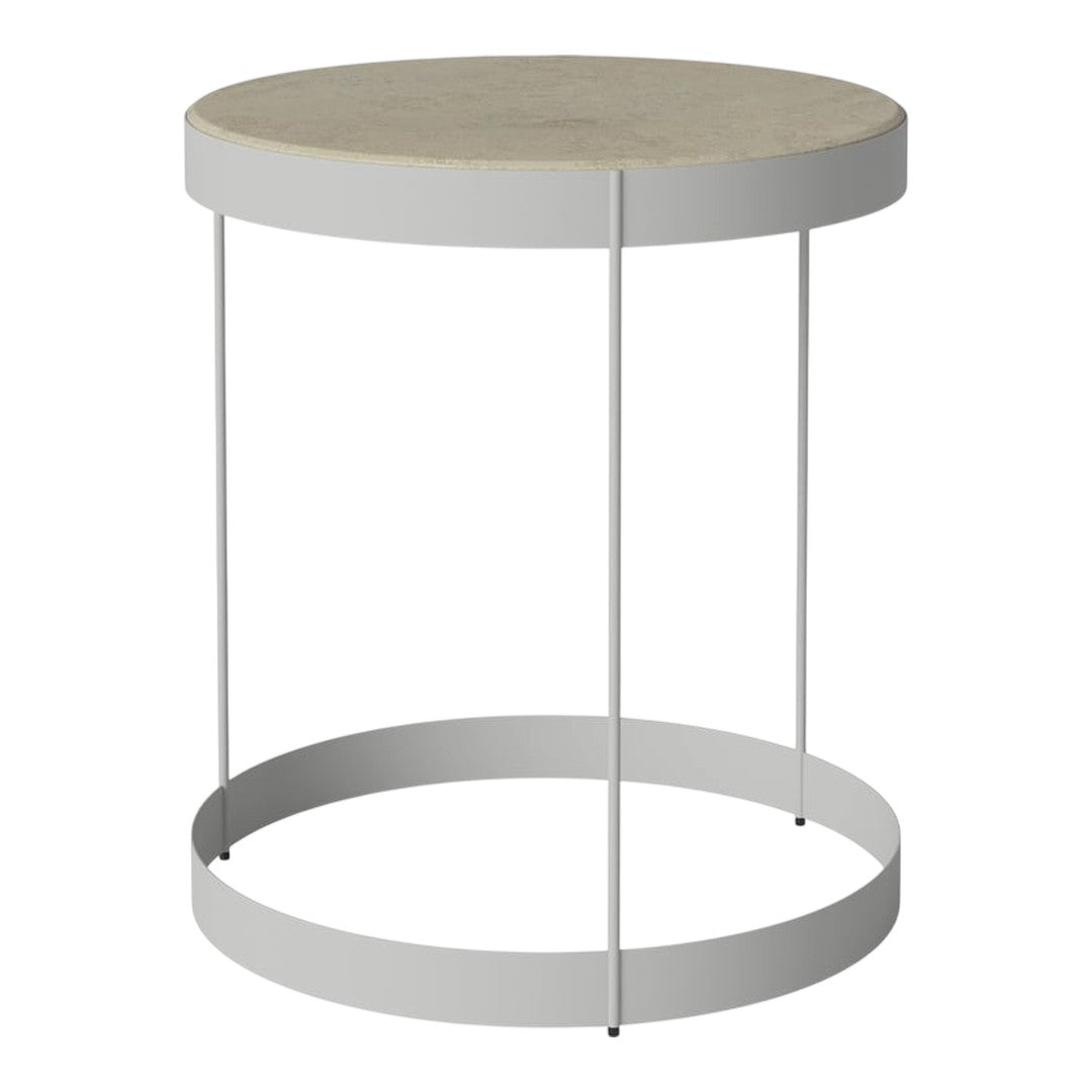 Round gray tabletop with a smooth finish, supported by a sleek white metal base. Minimalist and modern design.