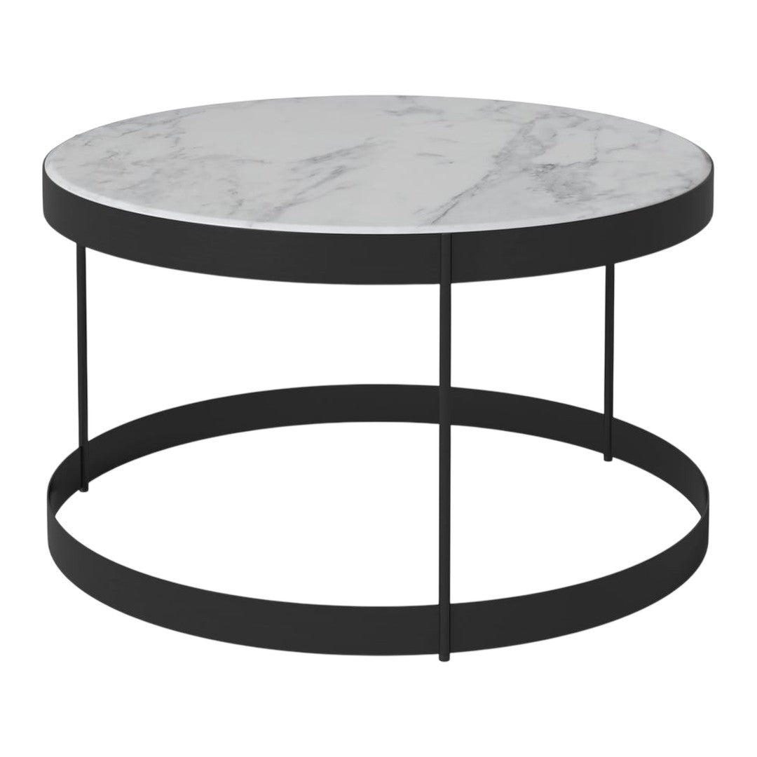 Round coffee table with a white marble top and a sleek black metal base. Modern, minimalist design.