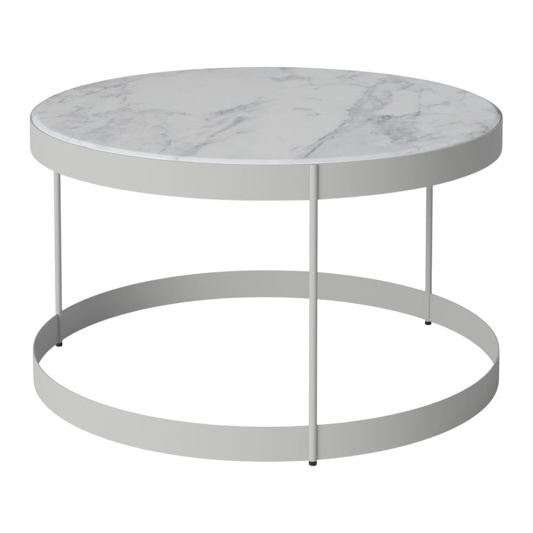 Round coffee table with a white marble top and sleek gray metal base, featuring a minimalist design.