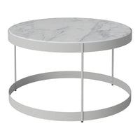 Round coffee table with a white marble top and sleek gray metal base, featuring a minimalist design.