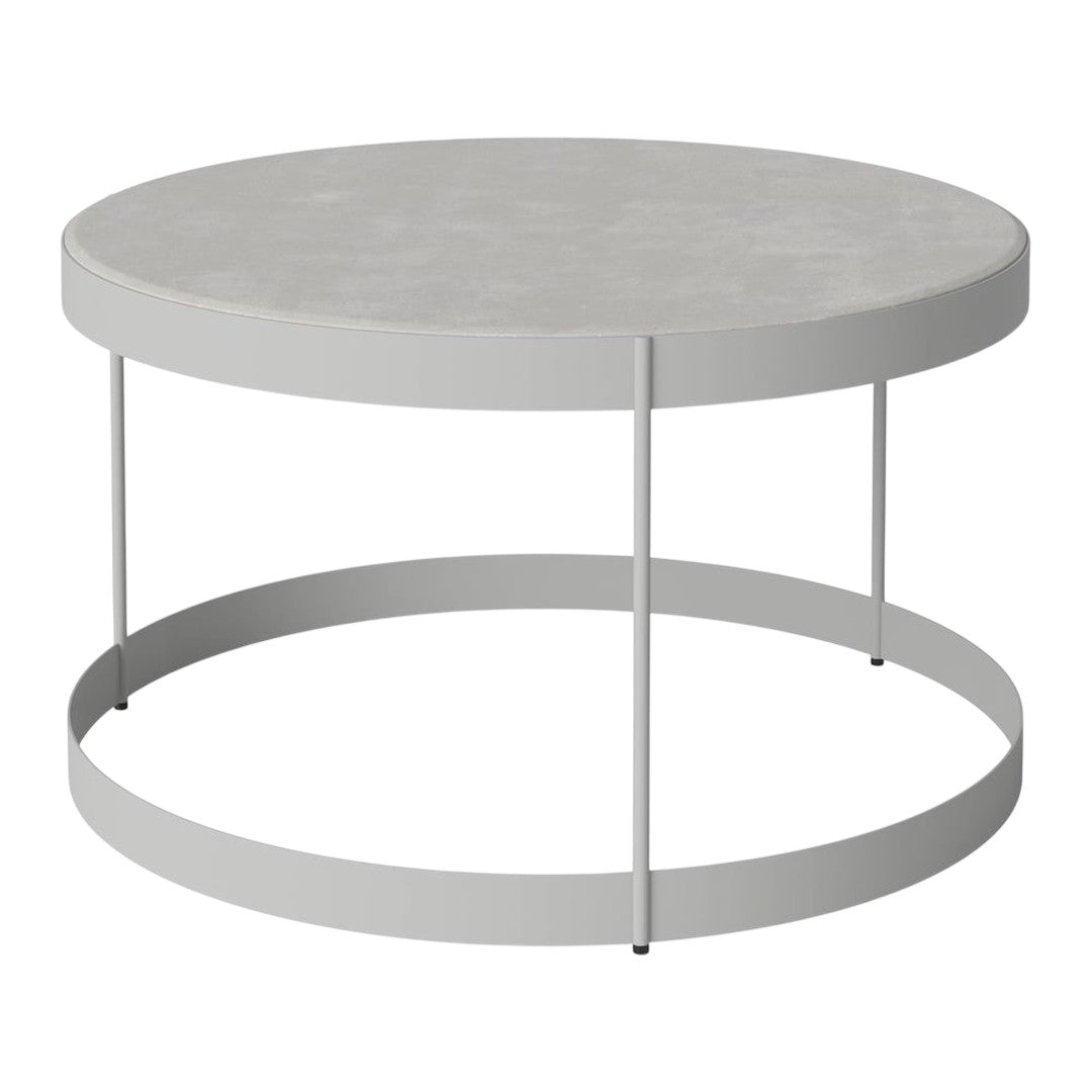 Round coffee table with a smooth gray top and sleek silver metal base, featuring a minimalist modern design.