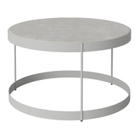 Round coffee table with a smooth gray top and sleek silver metal base, featuring a minimalist modern design.