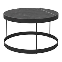 Round black coffee table with a sleek marble top featuring subtle gray veining. Modern minimalist design.
