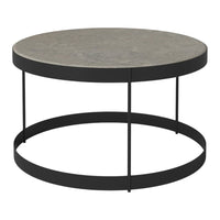 Round coffee table with a textured gray top and sleek black metal frame, featuring minimalist design.