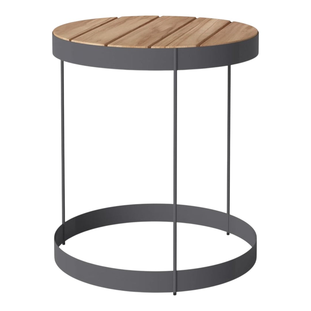 Round side table featuring a natural wood top and a sleek black metal frame. Modern and minimalist design.