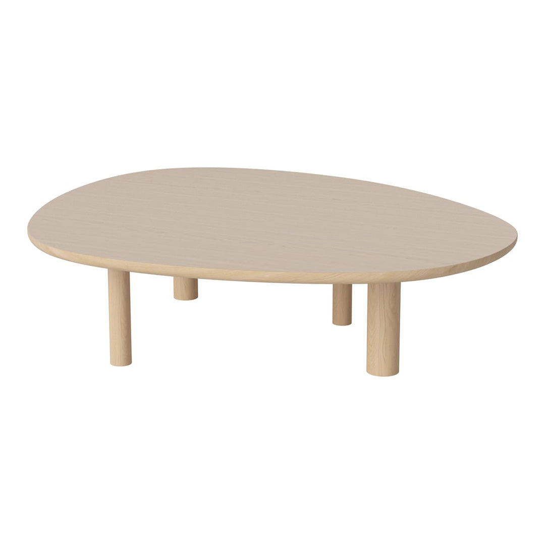 Light beige oval coffee table with smooth surface and four round legs, perfect for modern minimalist decor.
