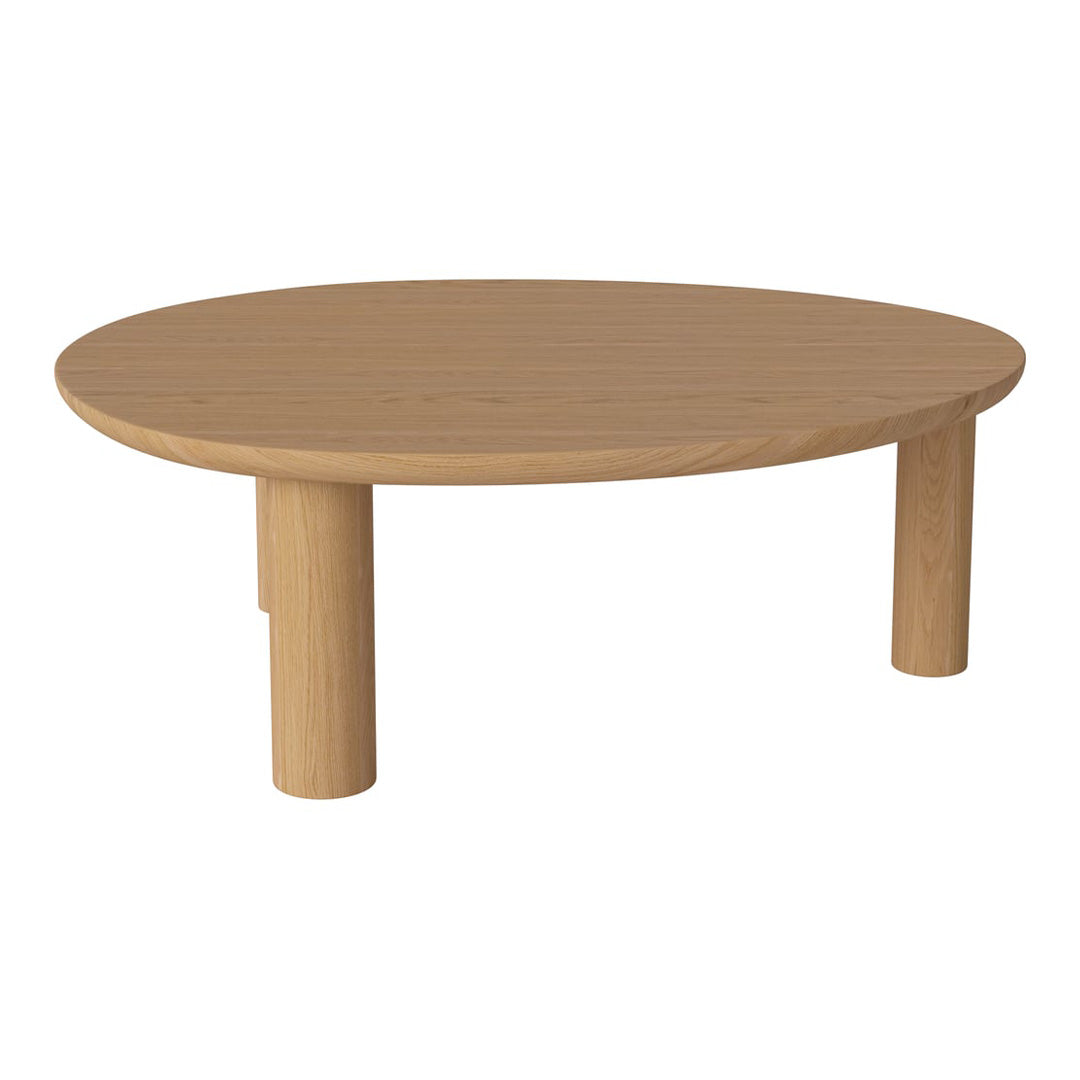 Round wooden coffee table with a light oak finish and smooth, natural wood grain pattern.