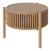 Round wooden coffee table featuring light brown tones and vertical slatted design for a modern, minimalist look.