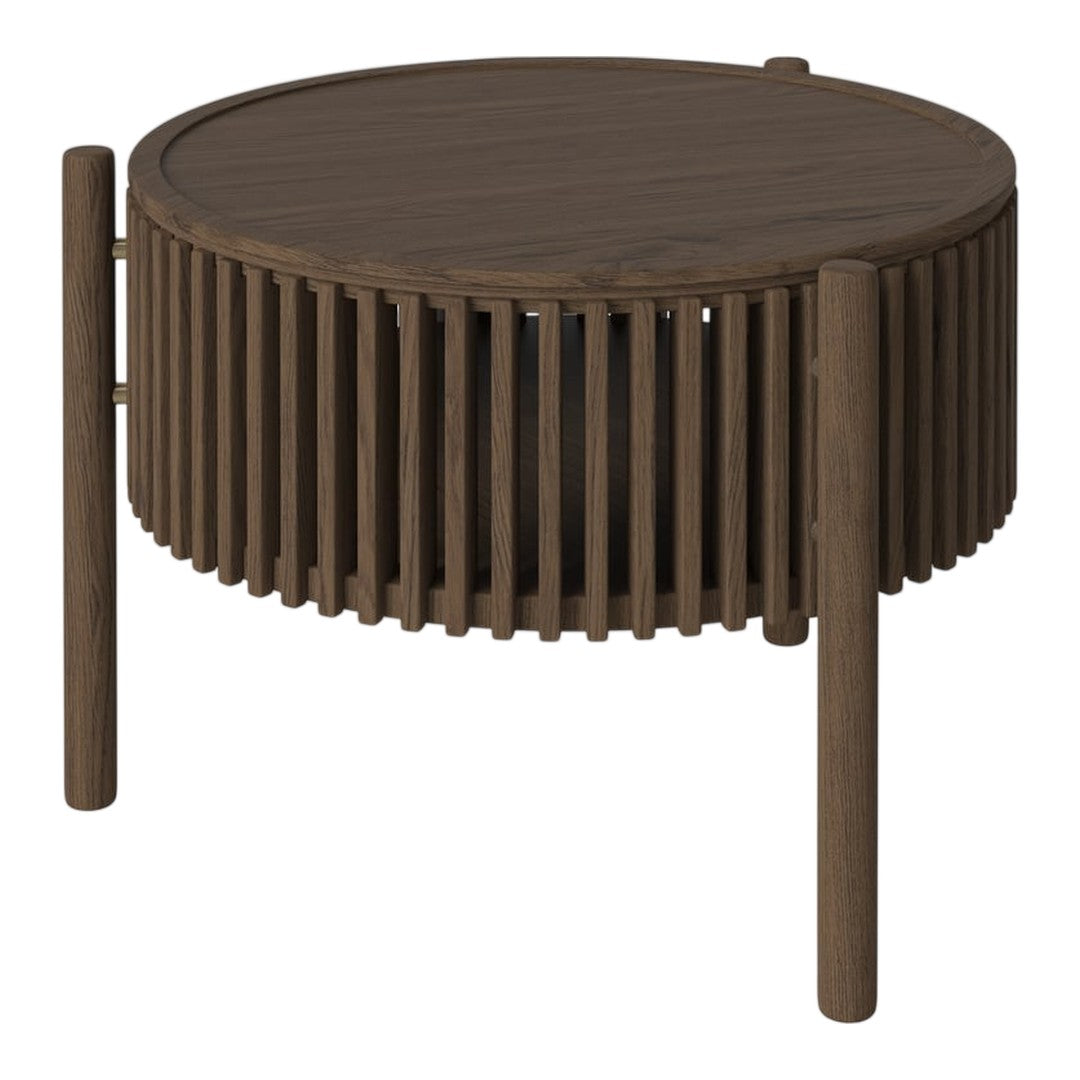 Brown round coffee table with vertical slatted design and smooth wooden top. Elegant and modern addition to any space.