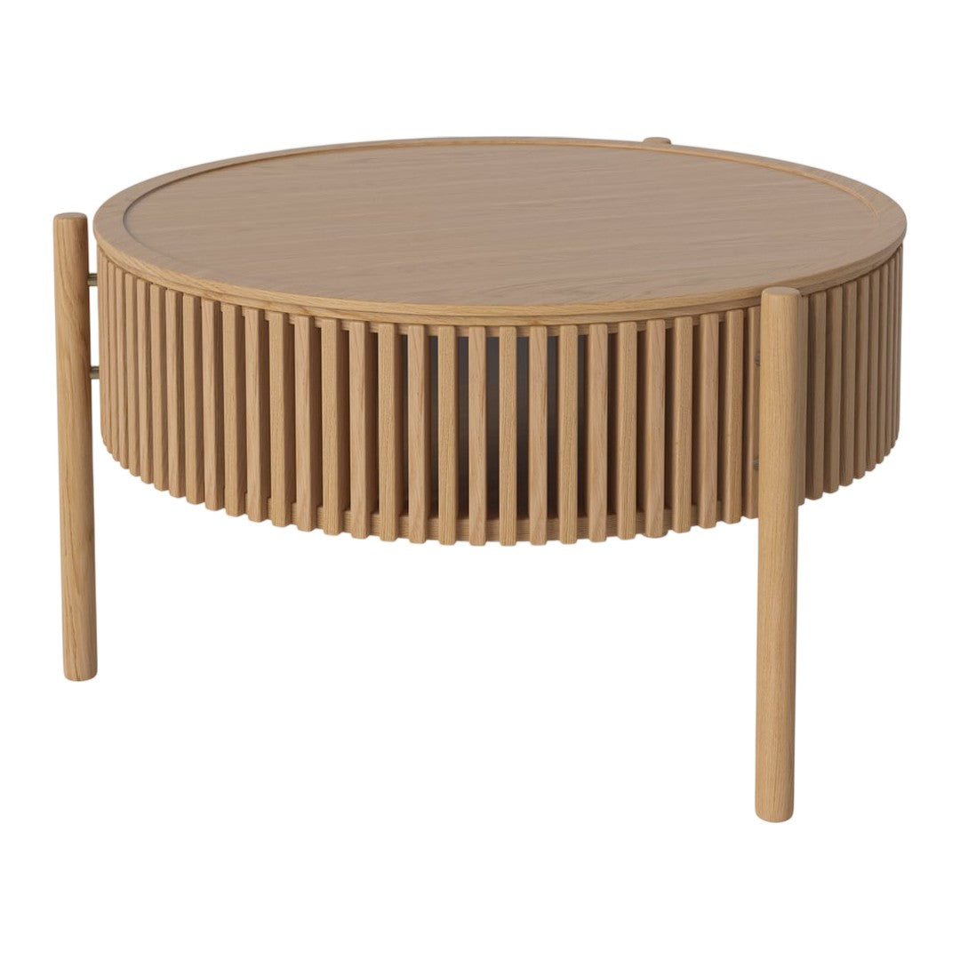 Round wooden coffee table with a natural finish and slatted design, featuring light beige tones and smooth surfaces.