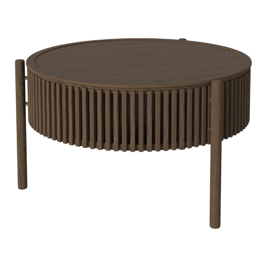 Round wooden coffee table in dark brown with vertical slat patterns and smooth circular top.