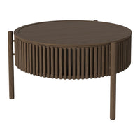 Round wooden coffee table in dark brown with vertical slat patterns and smooth circular top.