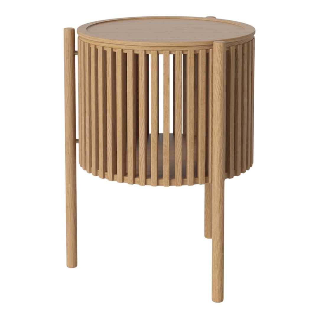 Wooden round side table with slatted design, natural oak finish, and minimalistic style. Perfect for modern decor.