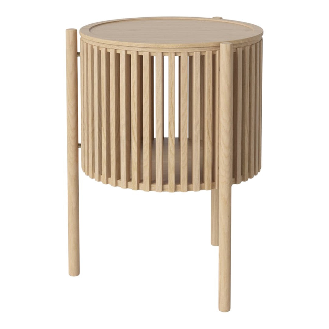 Natural wood round side table with vertical slats and a minimalist design in light beige tones.