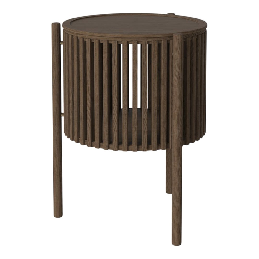 Round brown side table with vertical slat pattern and minimalist design, perfect for modern decor.
